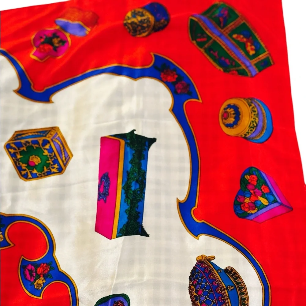 LIZ CLAIBORNE 80s Silk Vibrant Red Multicolored Carriage & Trinket Box Scarf 31”